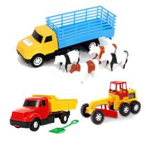 Kit Caminhão Basculante Boiadeiro Trator Bois Animais Fazenda Brinquedo Infantil Presente Doação