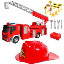 Kit Caminhão Bombeiros Articulado + Capacete Chapéu Infantil