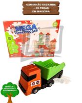 Kit Caminhão Caçamba Articulado Brinquedo Infantil E Blocos De Montar Madeira 45 Peças Mega Construções