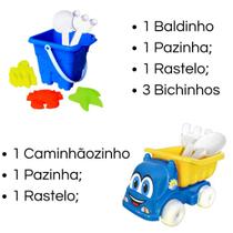 Kit Caminhão Caçamba + Baldinho Castelinho Infantil Kit de Praia Para Crianças Com Acessórios 7 Peças