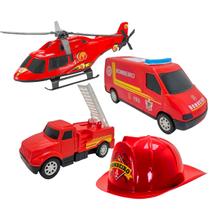 Kit Caminhão Carro Dos Bombeiros Capacete Brinquedo Presente Infantil Criança