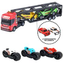 Kit caminhão cegonheiro 2 carrinhos e 3 motinhas miniatura brinquedos infantil presente menino Kit caminhão cegonheiro 2 carrinhos e 3 motinhas miniatura brinquedos infantil presente menino