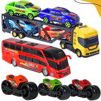 Kit Caminhão Cegonheiro Moto Caminhonete Ônibus Brinquedo Infantil Kit Caminhão Cegonheiro Moto Caminhonete Ônibus Brinquedo Infantil
