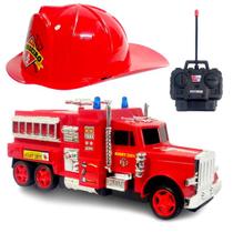 Kit Caminhão de Bombeiros de Controle 4 Funções + Capacete Chapéu Infantil Resgate