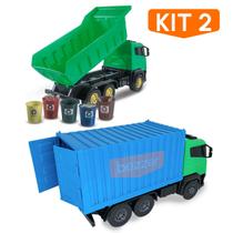 Kit Caminhão de Brinquedo Carrinho Infantil Caçamba Basculante Baú Container e Lixo Reciclado Resistente Alta Qualidade
