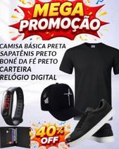 KIT Camisa básica preta+boné da fé preto+relógio digital+carteira