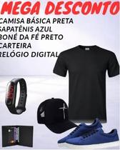KIT camisa básica preta+boné da fé preto+sapatênis azul+relógio digital+carteira