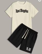 Kit Camisa Camiseta e Short Tactel Masculino Los Angeles Estiloso Moderno Tendencia Casual Confortavel Kit Camisa Camiseta e Short Tactel Masculino Los Angeles Estiloso Moderno Tendencia Casual Confortavel