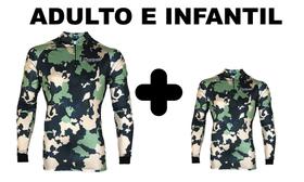 Kit Camisa Camuflada de Pesca Caça Pai e Filho com Proteção Solar Com Gola e Zíper Kit Camisa Camuflada de Pesca Caça Pai e Filho com Proteção Solar Com Gola e Zíper