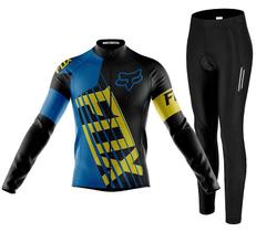 Kit Camisa Ciclismo Fox Azul Com Calça Forro Alta Densidade Manga Longa e Refletivos