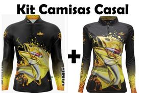 Kit Camisa de Pesca Casal King Dourado C/ Proteção Solar Masculina e Feminina