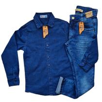 kit camisa jeans + calça jeans masculina infantil com lycra Tam 10