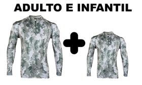 Kit Camisa Pai e Filho de Caça e Pesca Camuflada Proteção Solar Seca Rápido c/ Gola e Zíper Kit Camisa Pai e Filho de Caça e Pesca Camuflada Proteção Solar Seca Rápido c/ Gola e Zíper