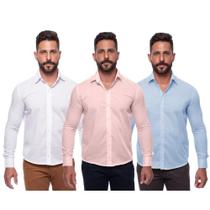 Kit Camisa Social Masculina Manga Longa Slim 3 Peças