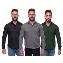 Kit Camisa Social Masculina Manga Longa Slim 3 Peças