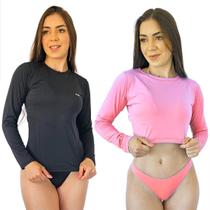 Kit Camisa Térmica Feminino Proteção UV Lisa com Conjunto Cropped e Calcinha Fio Duplo Praia Treino