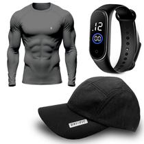 Kit Camisa Térmica Masculina UV Segunda Pele Protação Solar 50+ + Boné Dry fit + Relógio Digital