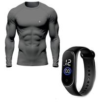 Kit Camisa Térmica Masculina UV Segunda Pele Protação Solar 50+ Manga Longa Dry Fit + Relógio