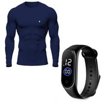 Kit Camisa Térmica Masculina UV Segunda Pele Protação Solar 50+ Manga Longa Dry Fit + Relógio
