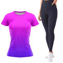 Kit Camiseta Academia Feminina Blusa Fitness Calça Legging Cós Alto Preta e Cinza