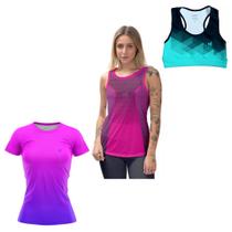 Kit Camiseta Academia Feminina UV 50 Regata Cavada Top Cropped Fitness Corrida Treino Caminhada
