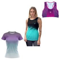 Kit Camiseta Academia Feminina UV 50 Regata Cavada Top Cropped Fitness Corrida Treino Caminhada