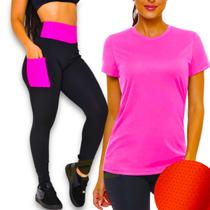 Kit Camiseta Blusinha MALHA FRIA POLIAMIDA + Calça BOLSO Leg Legging Academia Corrida 535