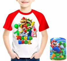 Kit Camiseta com caneca do Filme Super Mario Bros Luigi Yoshi Princesa Cogumelo
