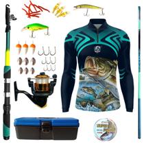 Kit Camiseta De Pesca Mais Artigos Para Pescaria Vara Telescopica Isca Molinete Proteção UV50