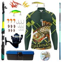 Kit Camiseta De Pesca Mais Artigos Para Pescaria Vara Telescopica Isca Molinete Proteção UV50
