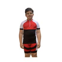 Kit Camiseta E Bermuda Ciclista Ciclismo Mtb Bike Infantil Vermelho