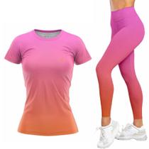 Kit Camiseta Feminina Academia Legging Cos Alto Fitness Musculacao Caminhada Treino
