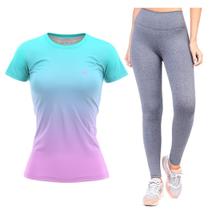 Kit Camiseta Fitness Feminina Academia Calça Legging Musculação Caminhada Funcional