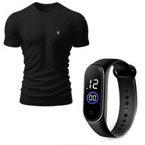 Kit Camiseta Masculina Camisas 100% Algodão Slim Basicas + Relógio Digital