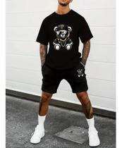 Kit Camiseta Masculina + Short Moletom Conjunto Urso Boné P
