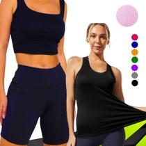 KIT Camiseta REGATA DRY FIT Feminina + SHORT Leg Legging REDINHA Suplex Conjunto Fitness 633