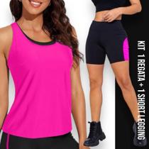 KIT Camiseta REGATA DRY FIT Feminina + Short Leg Legging REDINHA Suplex Conjunto Fitness 633