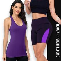 KIT Camiseta REGATA DRY FIT Feminina + Short Leg Legging REDINHA Suplex Conjunto Fitness 633