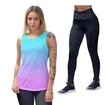 Kit Camiseta Regata Feminina Calça Legging Slim Corrida Yoga Academia UV50