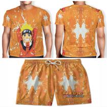 Kit Camiseta + Short Masculino Adulto e Infantil Anime Naruto Uzumaki Laranja Verão