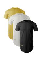 Kit Camisetas Longline Barbado Preta Branca e Amarela Algodão 30.1