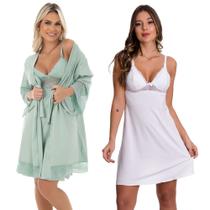 KIT Camisola Amamentação com Robe Verde + Camisola Maternidade Pós Parto Branco Moda de Baixo - V202