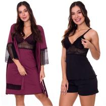 KIT Camisola Amamentação com Robe Vinho com Preto + Baby Doll Gestante Preto Moda de Baixo - V139