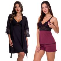 KIT Camisola Amamentação Gestante com Robe Preta + Baby Doll Amamentação Vinho/Preto Estilo Sedutor - V138