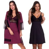 KIT Camisola Amamentação Gestante com Robe Vinho/Preta + Camisola Amamentação Preta Moda de Baixo - V153