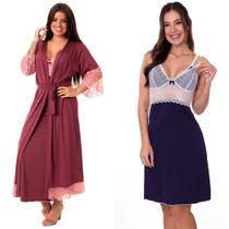 KIT Camisola Amamentar Confortável Longa com Robe + Camisola Pós Parto Moda de Baixo - V220