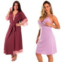 KIT Camisola Amamentar Confortável Longa com Robe + Camisola Pós Parto Moda de Baixo - V220