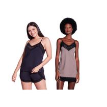 Kit Camisola Em Renda e Microfibra Hope - L11550 Cor:Avelã + Pijama Short Doll Básico Renda Hope LCS550 Cor:Preto Tam:P