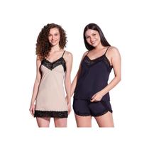 Kit Camisola Em Renda e Microfibra Hope - L11550 Cor:Nude + Pijama Short Doll Básico Renda Hope LCS550 Cor:Preto Tam:EG
