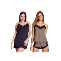 Kit Camisola Em Renda e Microfibra Hope - L11550 Cor:Preto + Pijama Short Doll Básico Renda Hope LCS550 Cor:Avelã Tam:M